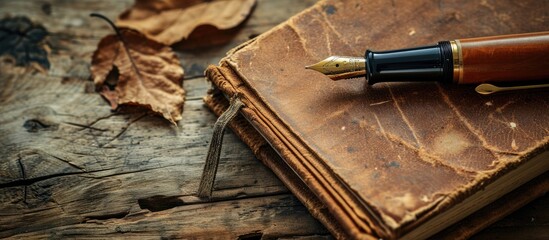 top view of old open book with fountain pen on wooden table. Copy space image. Place for adding text