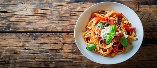 Pasta Alla Norma Delicious Sicilian pasta dish with roasted eggplant marinara tomato sauce grated ricotta and fresh basil served in a white ceramic bowl Wooden table selective focus vertical