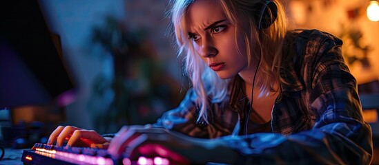 Young blonde woman playing video games holding keyboard skeptic and nervous frowning upset because of problem negative person. Copy space image. Place for adding text - obrazy, fototapety, plakaty