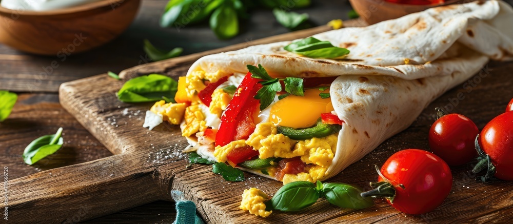 Wall mural Vegetarian breakfast burrito with eggs and bell pepper. Copy space image. Place for adding text - Wall murals