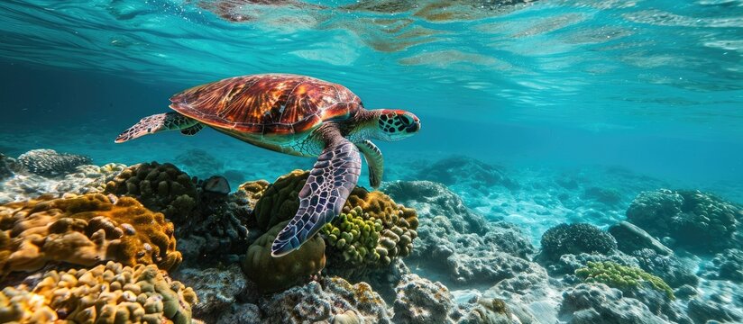 sea turtle swimming in the crystal clear waters on a reef in the Caribbean Sea. Copy space image. Place for adding text