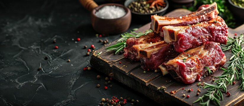 Raw fresh beef short rib stripes on wooden cutting board spice and herbs on the kitchen. Copy space image. Place for adding text