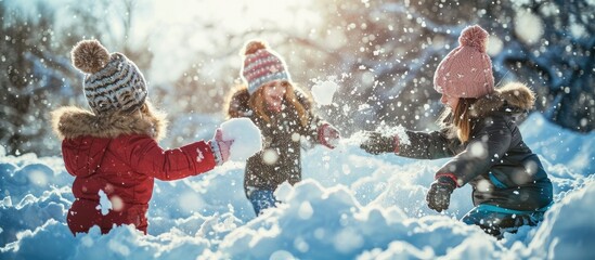 Two teenage girls playing with little boy in snow and throwing snowballs People playing outdoors winter holidays and vacation active leisure. Copy space image. Place for adding text