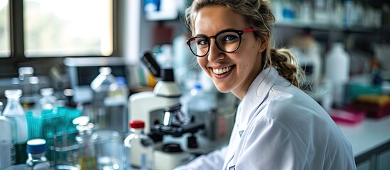 Young medical student doing research in the clinical lab she is smiling and looking at camera. Copy space image. Place for adding text
