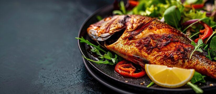 Tandoori Fish Tikka served with salad and garnish of lemon. Copy space image. Place for adding text
