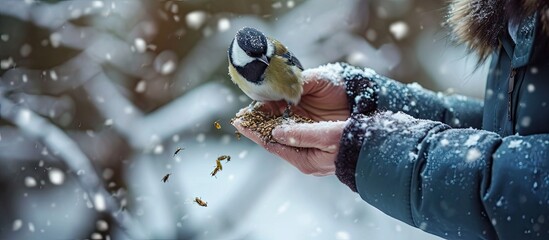 Tit that sits on the arm of a man holding seeds Feed birds in the park in winter to help them in the cold season in their habitat Concept of the International Day of Birds Copy space