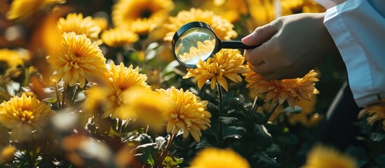 Scientist hand green gloves holding magnifying glass close up to check yellow Chrysanthemums during research experiment in flower garden. Copy space image. Place for adding text - Powered by Adobe