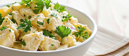 Serving potato salad garnished with fresh parsley in a white ceramic bowl. Copy space image. Place for adding text