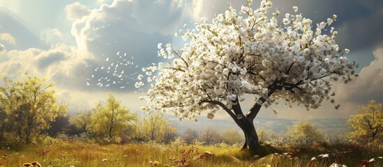 Tree blooming in spring with a bible verse form the book of James. Copy space image. Place for adding text - obrazy, fototapety, plakaty