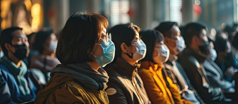 People go to church for Sunday prayers people wearing masks praying and standing apart new normal social distancing Coronavirus outbreak and coronaviruses influenza. Copy space image