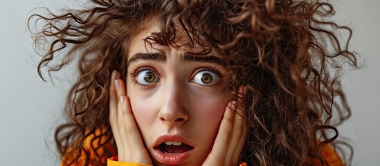 Troubled distressed bothered shocked curly haired girl realising make stupid mistake punch forehead gasping cringe grimace bothered facepalming upset remember important task. Copy space image
