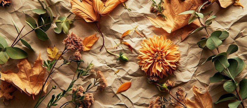 Photo background crumpled craft paper with wild flowers green plant leaves and dry tree leaves at the bottom of the background frame and space for text close up Autumn concept. Copy space image