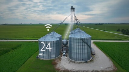 Agritech futuristic farm with silos. IoT connectivity and digital readouts. Farmer in USA selling...