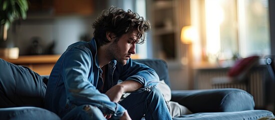Young man having heartache mental pain sit on sofa at home looks into distance thinks suffers experiences break up or divorce feels cheated and upset Life troubles quarrel debt and crisis - obrazy, fototapety, plakaty
