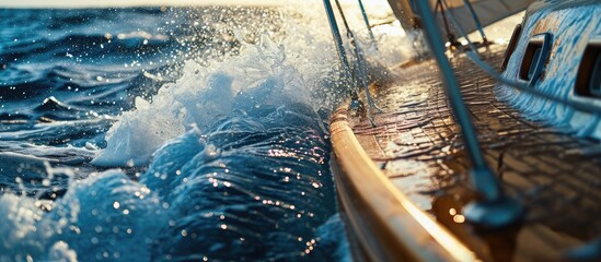 Sailing fast on port tacks with water splashing on deck. Copy space image. Place for adding text - obrazy, fototapety, plakaty