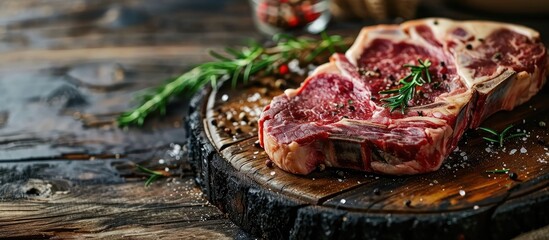 Raw dry aged wagyu porterhouse beef steak with large fillet piece as closeup on a black burnt wooden board with copy space. Copy space image. Place for adding text - obrazy, fototapety, plakaty