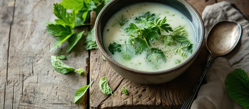 Summer green nettle soup Fresh nettle chowder Cream soup. Copy space image. Place for adding text