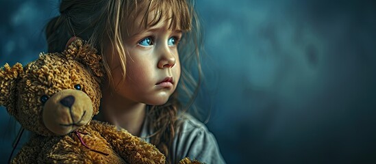 Upset sad child Little girl with a big teddy bear Problems with children. Copy space image. Place for adding text - obrazy, fototapety, plakaty