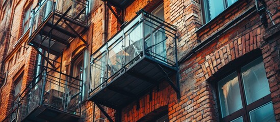 Small clean cozy glass balcony with windows city apartment red brick wall building. Copy space image. Place for adding text - obrazy, fototapety, plakaty