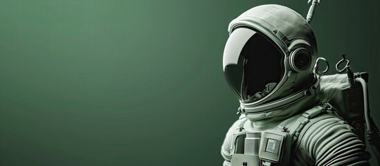 Plastic toy astronaut on green chroma key background Template Mock up Copy space Concept of out of earth travel private spaceman commercial flights missions and Sustainability. Copy space image - obrazy, fototapety, plakaty