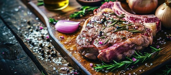 Raw ribeye beef steak on wooden board with rosemary and onion. Copy space image. Place for adding text