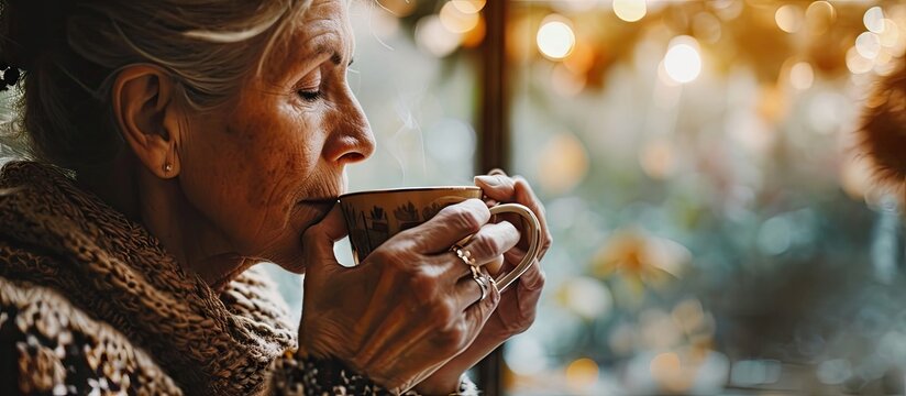 Vertical Closeup Portrait Of Mature Middle Aged Woman Warming Up With Coffee Tea Hot Beverage Cacao Drinking From A Cup At Home Decaf Coffee Feeling Smell. Copy Space Image. Place For Adding Text