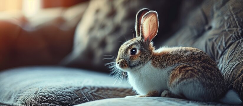 Russet spotted banny rabbit sitting on a couch. Copy space image. Place for adding text