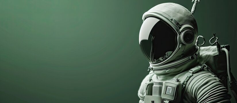 Plastic toy astronaut on green chroma key background Template Mock up Copy space Concept of out of earth travel private spaceman commercial flights missions and Sustainability. Copy space image