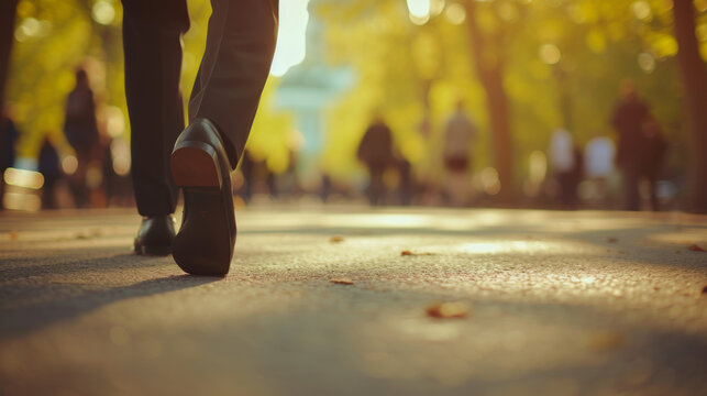 Walk to work Day. Elegant man in suit walking on a road in a park, going to work. Australia National event, encouraging people to walk to work. Health and wellbeing benefits of walking.