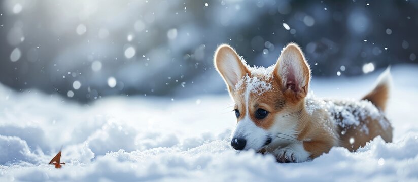Pembroke Welsh Corgi Puppy outdoors in winter. Copy space image. Place for adding text