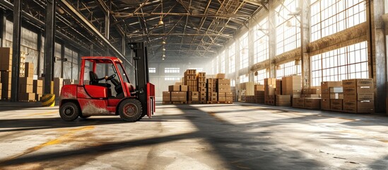 Red forklift in big warehouse with boxes. Copy space image. Place for adding text