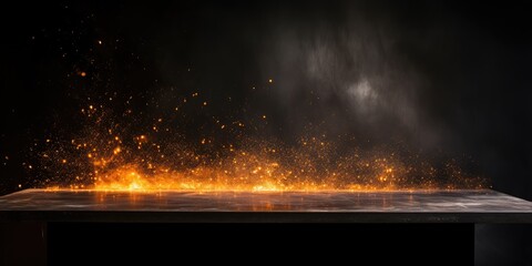 Dark room with empty concrete table top showing side view of orange fire, sparkles.