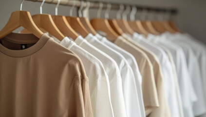 Obraz premium a row of white, beige, and brown tee shirts hanging