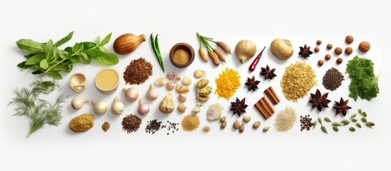 Poster of different cooking herbs and spices in wooden dish on white background realistic.
