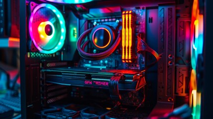Gaming PC with RGB LED lights on a computer, assembled with hardware components - obrazy, fototapety, plakaty