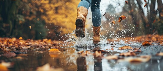 Woman wearing rain rubber boots walking running and jumping into puddle with water splash and drops in autumn rain. Copy space image. Place for adding text - Powered by Adobe