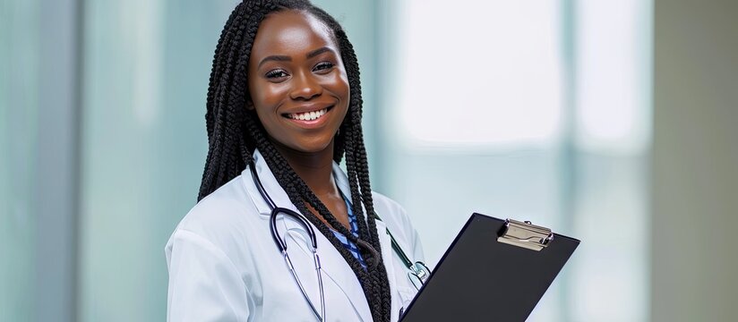 Young professional female black doctor with braided updo hair holds clipboard and wears a lab coat while smiling and looking to the right. Copy space image. Place for adding text