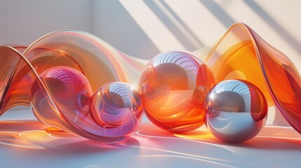Warm-toned spheres abstract  of reflective spheres and fluid shapes