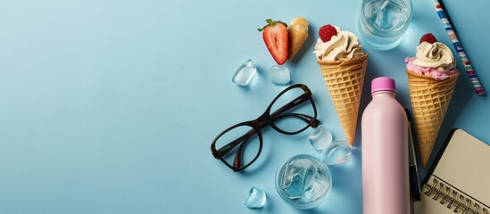 School stationery and shaker for water Cold ice cream and summer mood Copy space for text. Copy space image. Place for adding text