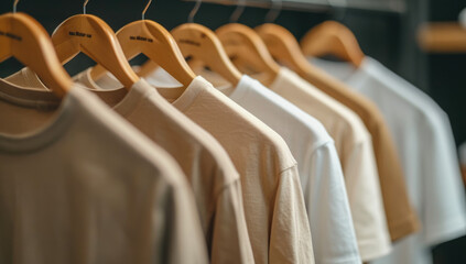 a row of white, beige, and brown tee shirts hanging