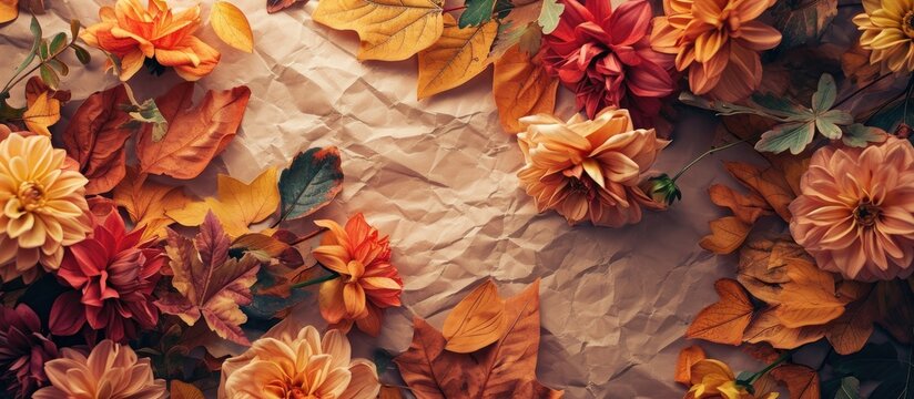 Photo background crumpled craft paper with wild flowers green plant leaves and dry tree leaves at the bottom of the background frame and space for text close up Autumn concept. Copy space image