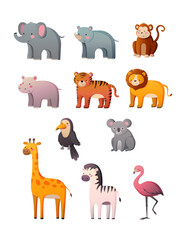 Set of Cute funny safari animals, wild animals cartoon collection