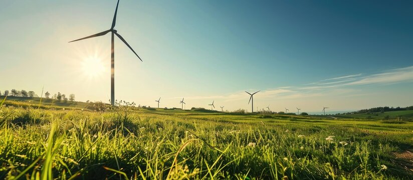 Wind turbine renewable energy source summer landscape with clear blue sky and field in the foreground. Copy space image. Place for adding text