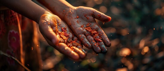 Red palm oil seeds on Child s hands with morning sunlight Organic palm oil can be processed for the food industry and produce energy as biodiesel and important agriculture economy in tropical A - obrazy, fototapety, plakaty