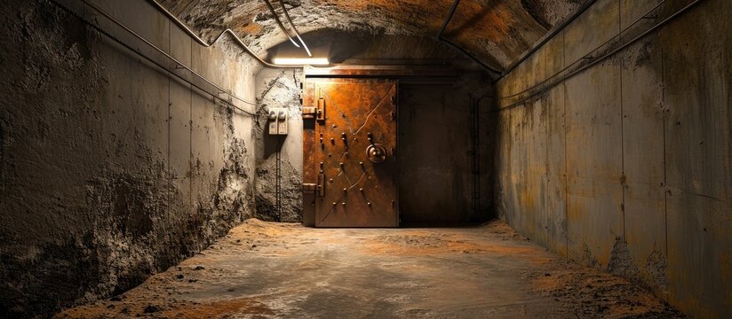 Steel armored hermetic door in the Soviet bomb shelter. Copy space image. Place for adding text