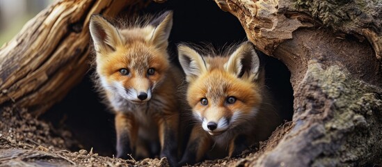 Twin baby fox watching from a hollow log. Copy space image. Place for adding text