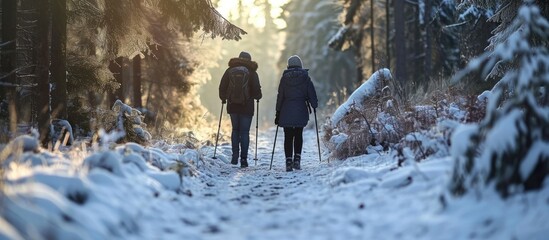 Winter sport in Finland nordic walking Senior woman and man hiking in cold forest Active people outdoors Scenic peaceful Finnish landscape. Copy space image. Place for adding text - obrazy, fototapety, plakaty
