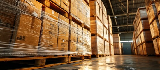 Stacked of cardboard boxes wrapped plastic on pallet waiting to load into shipping container cargo shipment boxes dock warehouse Freight truck. Copy space image. Place for adding text