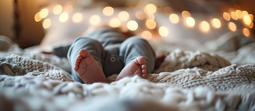Unrecognizable baby boy lying on bed close up of his legs. Copy space image. Place for adding text