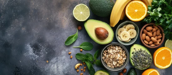 Deurstickers Progesterone boosting foods rich in vitamin and mineral Nutrients to increase progesterone naturally Best food sources for low progesterone and hormone balance Banana avocado citrus seeds nuts © Ilgun